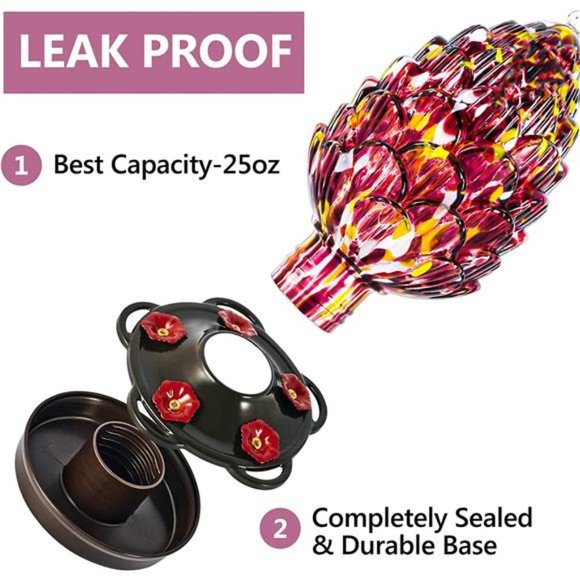 Pine Cone Shaped Hand Blown Glass Hummingbird Feeder for Outdoor Use - For Birds - Picture 3 of 4